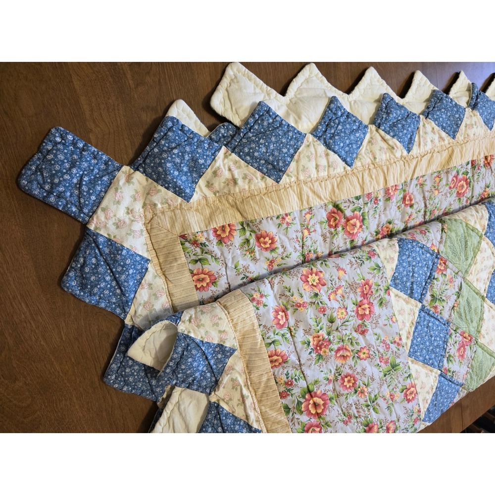 Handmade Patchwork Quilt Floral Gingham Blue Green Yellow Sawtooth Border 81x78 - Picture 2 of 10